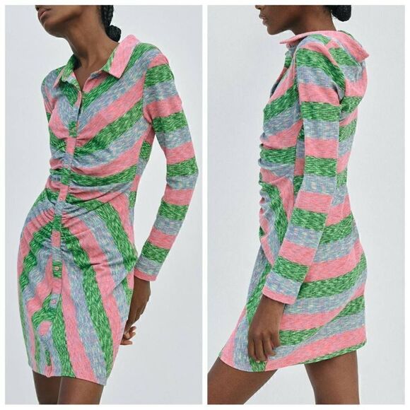 Zara Dresses & Skirts - Zara Collared Shirt Dress With Ruching Multicolor Striped Size Small